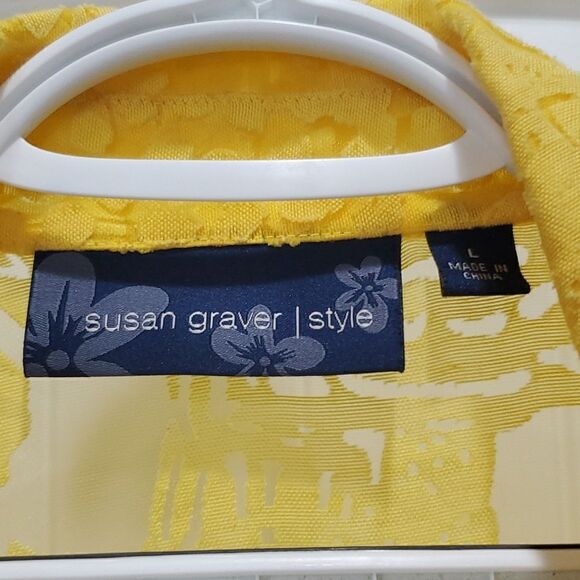 Susan Graver Button Up Shirt Womens Size M Yellow Floral, Sheer Long Sleeve, Lar - Picture 2 of 5